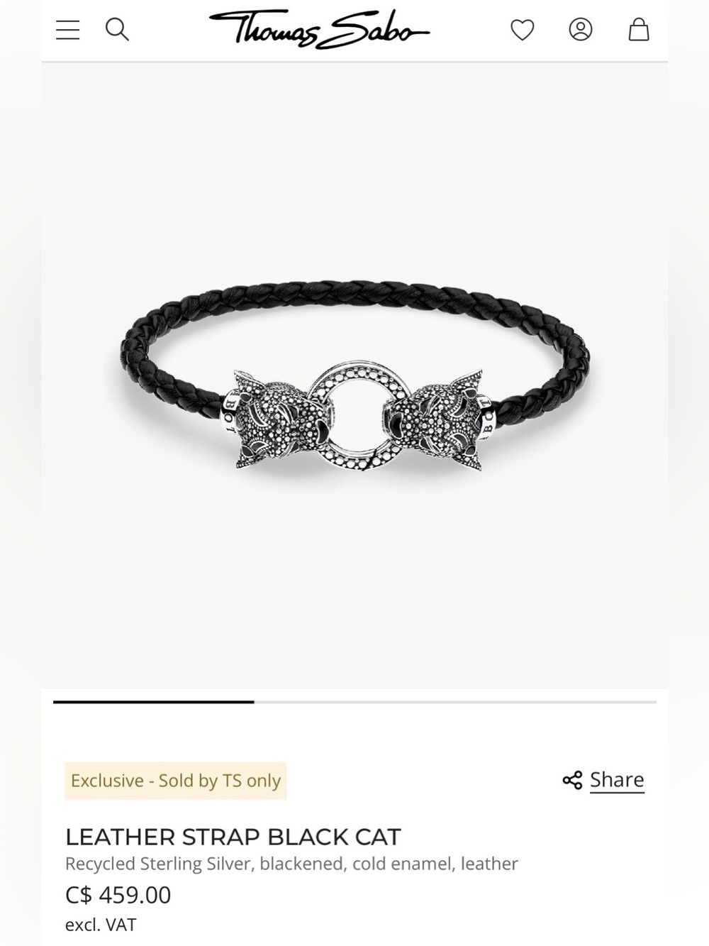 Thomas Sabo Black Braided Leather Bracelet with Silver Panther Head Clasp